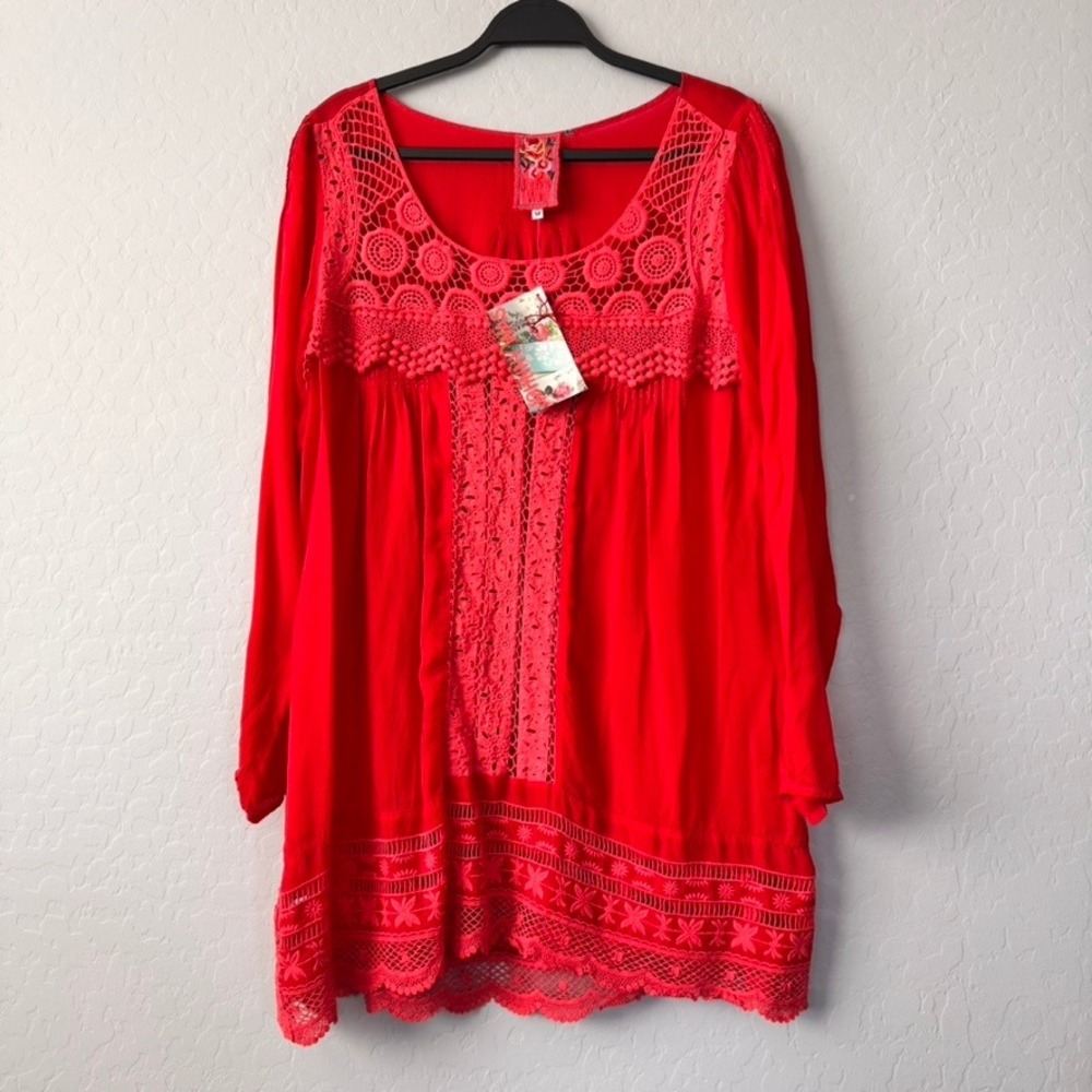 NWT Johnny Was Tunic Blouse Crochet Trim Bohemian Long Sleeve Red Size‎ M